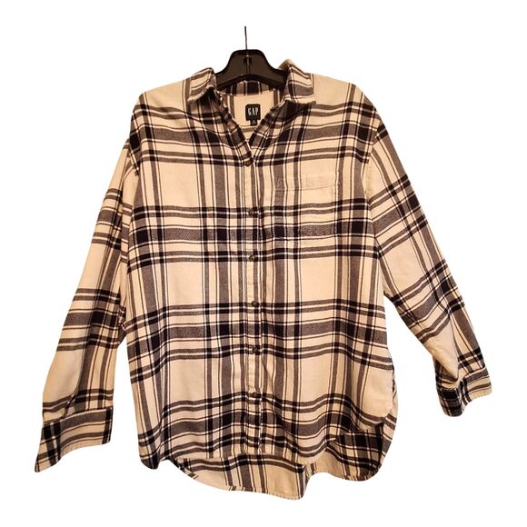 Gap Shirt Cotton Flannel Plaid Navy Blue Oversized Button Up Women Medium TALL - Picture 1 of 12
